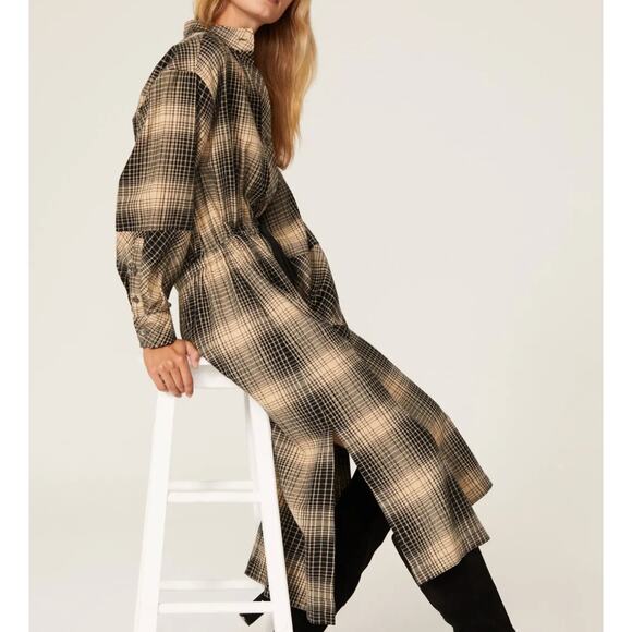 Joie Gray Plaid Blouson Shirt Dress MEDIUM Flannel Cotton Western Designer $300 - Picture 2 of 13